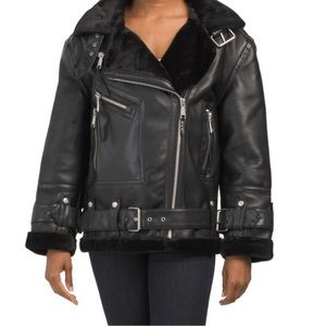 NWT REBECCA MINKOFF Black Faux Leather Faux Fur Oversized Moto Jacket
